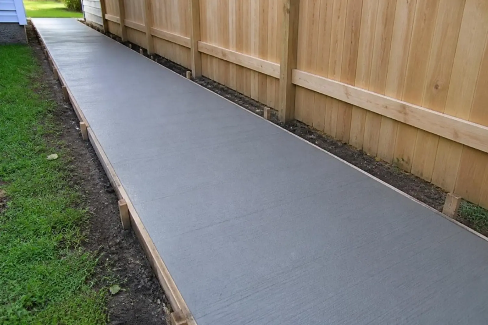 Freshly poured concrete walkway beside a fence