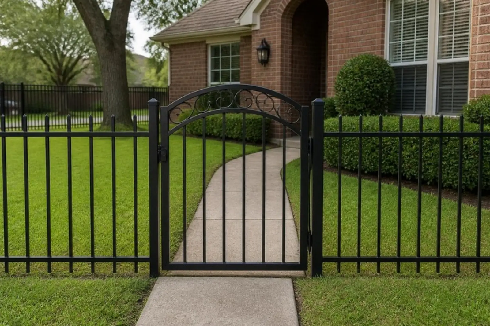 Black ornamental steel walk gate in a front yard