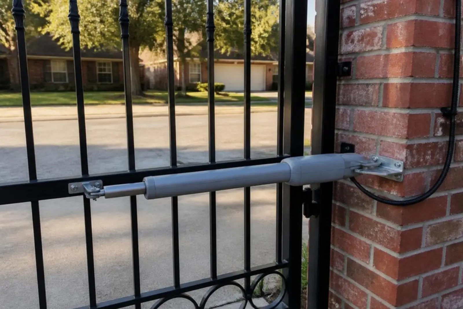 Automatic swing gate opener arm on a black iron driveway gate