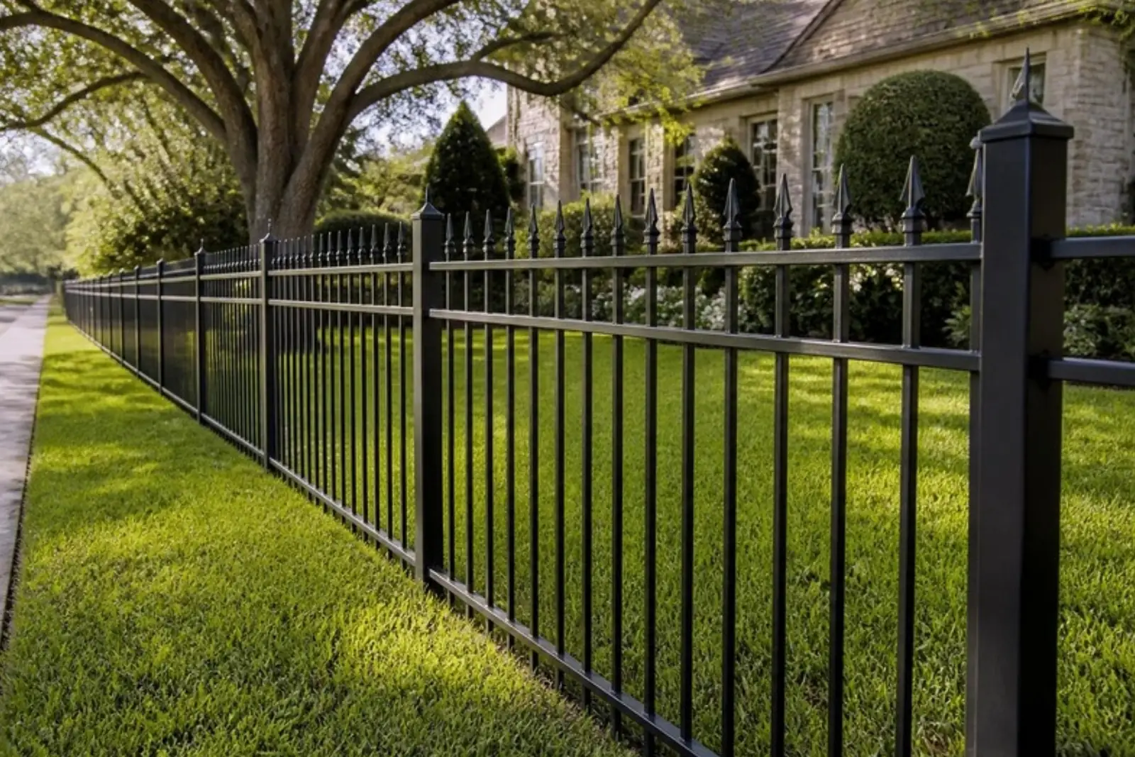 Black ornamental iron fence with spear tops along a front yard