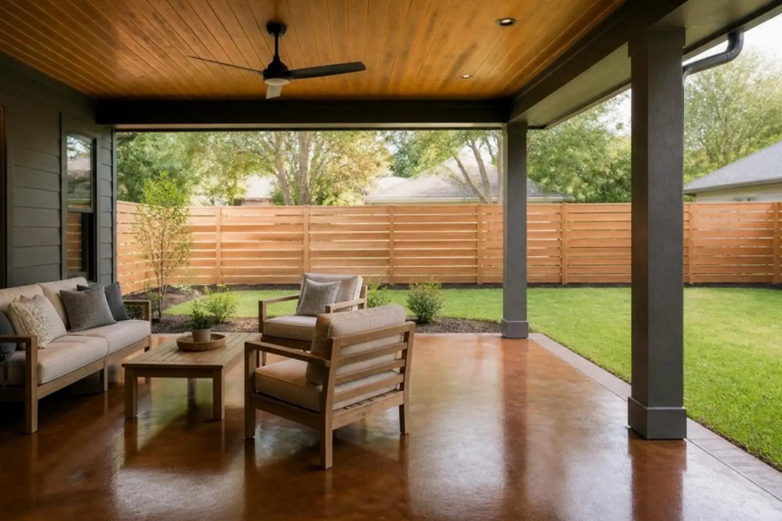 Remodeled covered patio with cedar ceiling and privacy fence