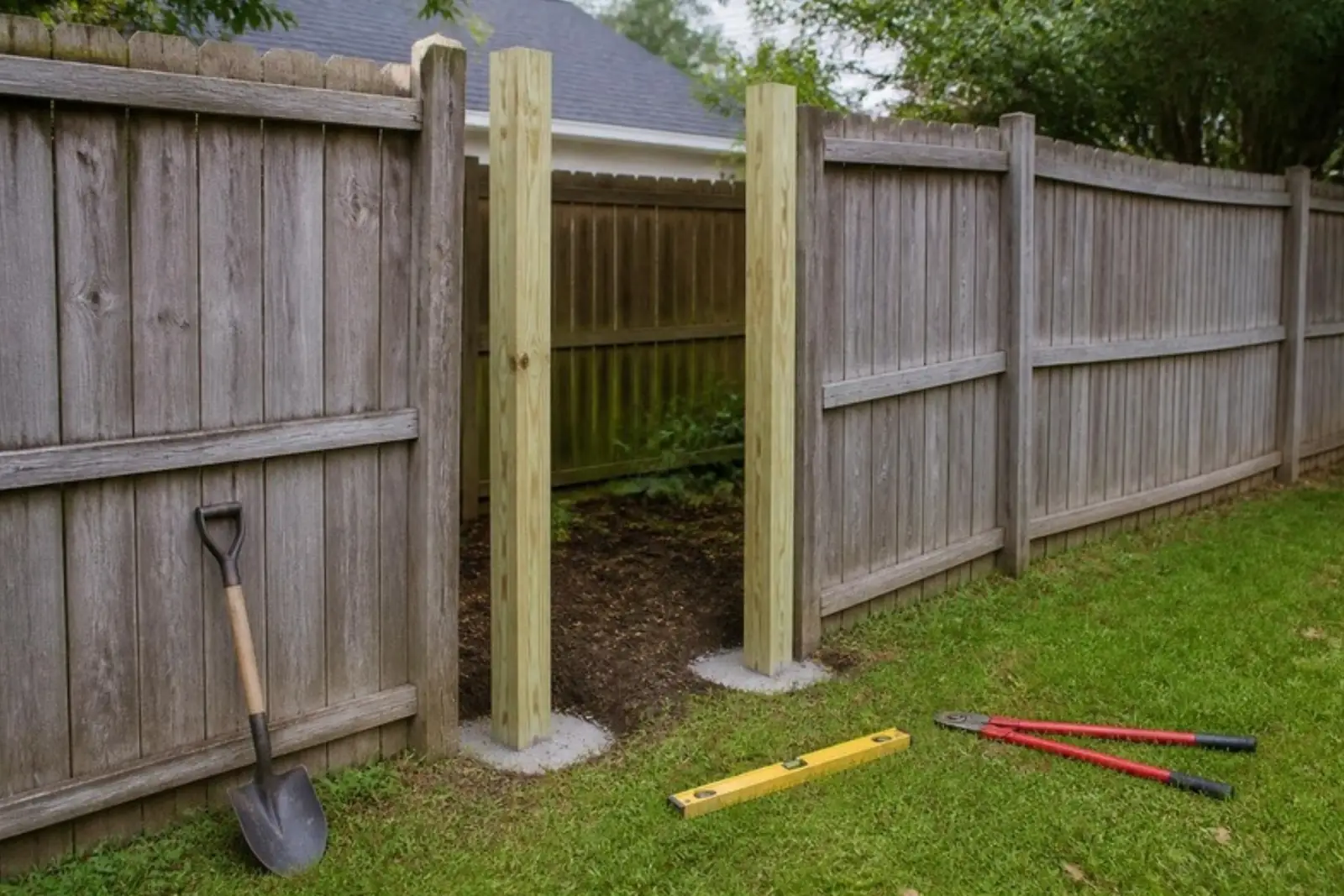 New wood posts set in concrete during a fence repair