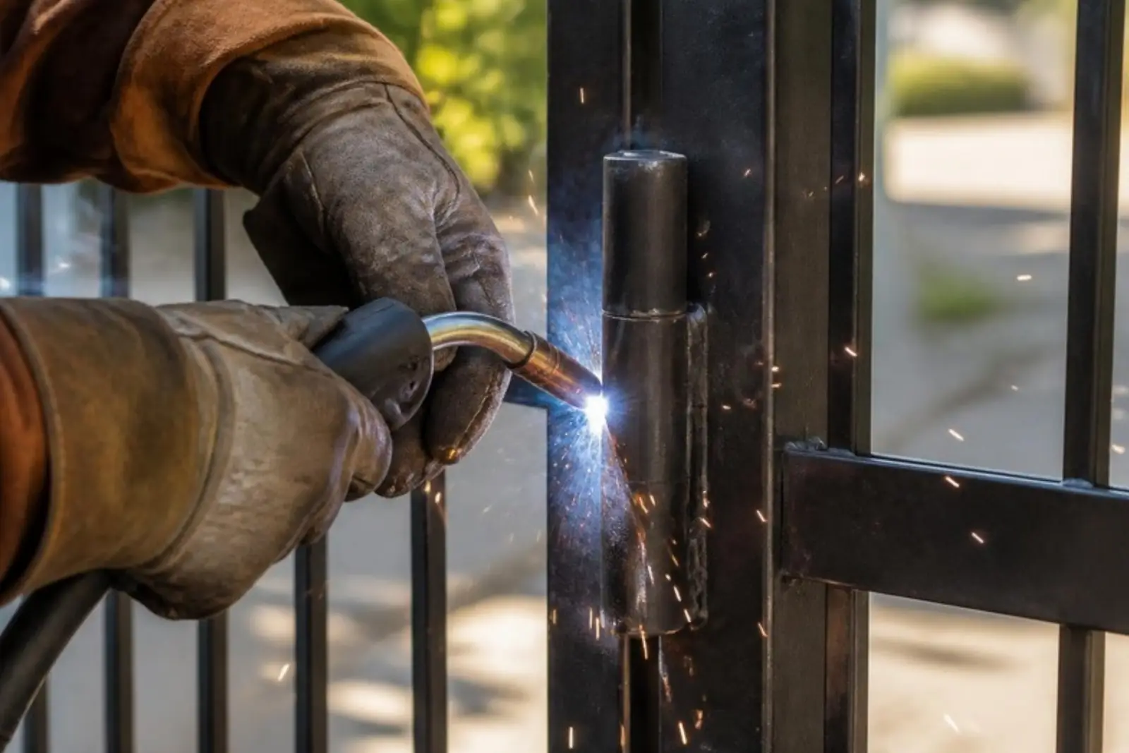 Gloved hands welding a black steel gate hinge